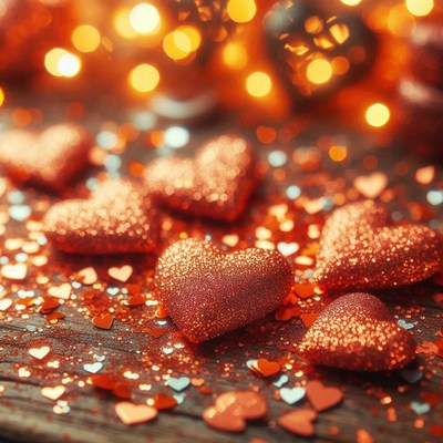 Sparkling hearts and lights create a festive mood