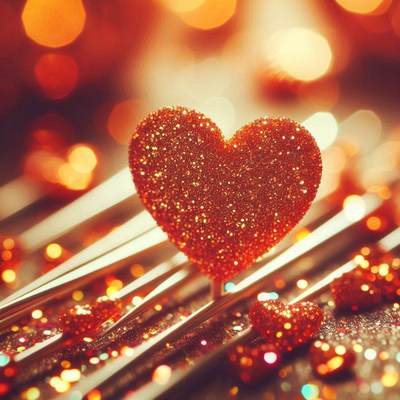 A glittery red heart sits on a silver wire