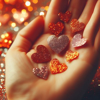 A hand holds colorful glitter hearts