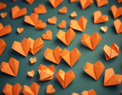 Orange paper hearts are scattered on a teal surface