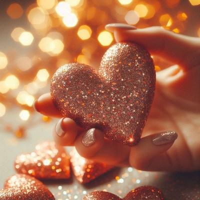 A hand holds a sparkly, heart-shaped ornament