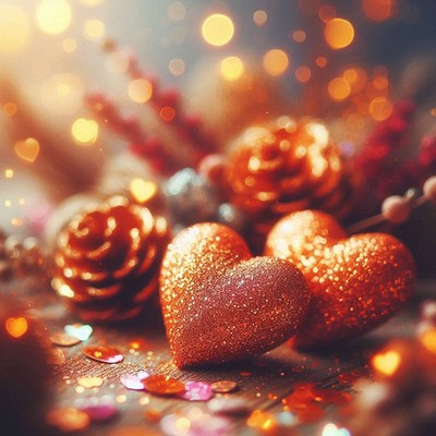 Two glitter hearts sit among sparkly confetti