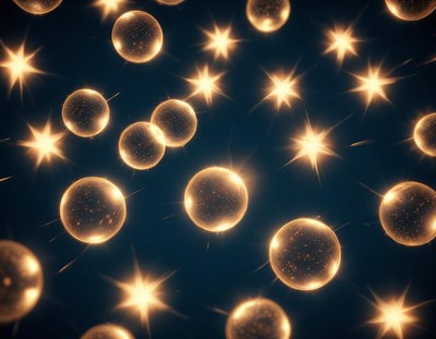 Golden orbs glow against dark blue