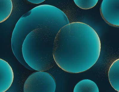 Teal and gold spheres float on a dark background
