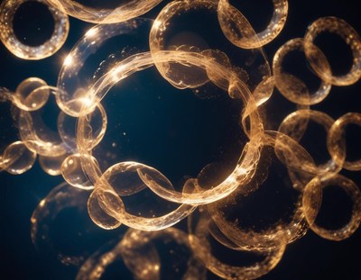 Golden rings float in a dark blue space