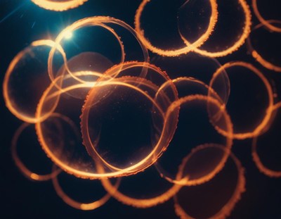 Orange light circles are blurred against a dark background