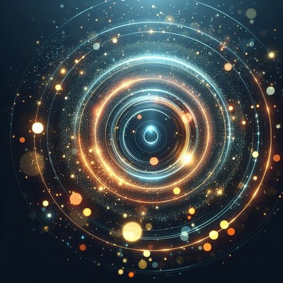 Golden light rings in a dark, starry background