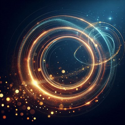 Golden and blue lights swirl on a dark backdrop