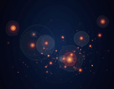 Orange and yellow lights glow on a dark blue backdrop