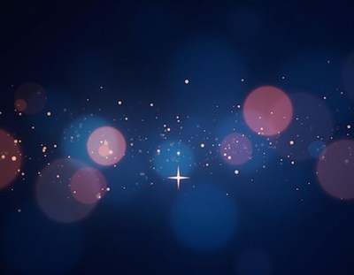 Pink and blue lights sparkle against a dark blue background