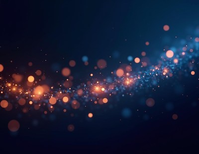 Orange and blue lights shimmer in the dark