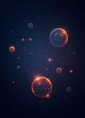 Orange orbs float in a dark, starry sky