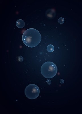 Blue bubbles float in a dark liquid