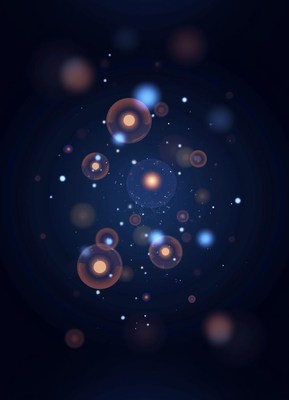 Abstract blue and orange orbs float in a dark space