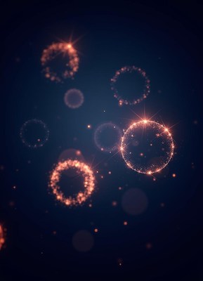 Sparkling circles float in a dark blue space