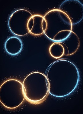 Golden and blue rings shimmer on a dark backdrop