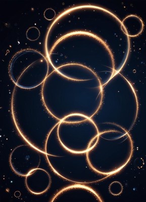 Golden light circles shine on a dark background