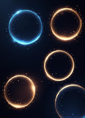Five glowing rings on a dark background