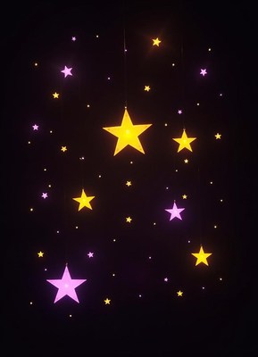 Yellow and purple star lights decorate the night sky