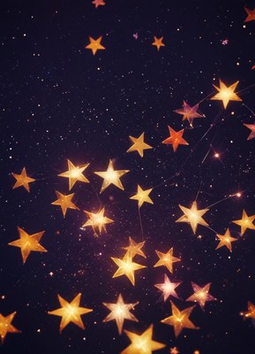 Golden star lights twinkle against a dark night sky