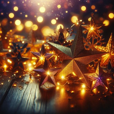 Golden stars shine brightly on a wooden table