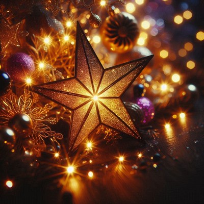 A golden star shines brightly amongst christmas ornaments