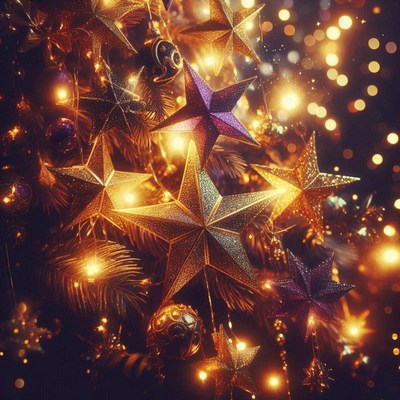 Golden stars decorate a christmas tree