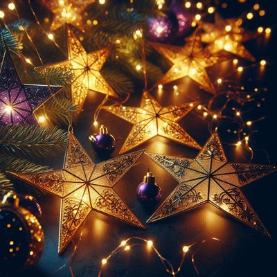 Golden stars with lights create a festive mood