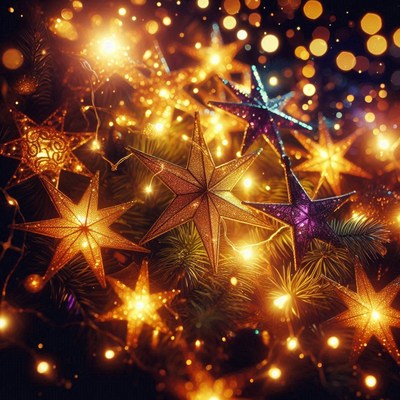 Golden and purple star ornaments hang on a christmas tree