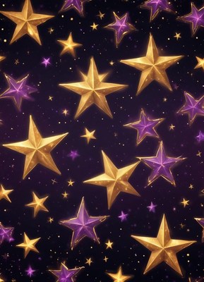Golden and purple stars shine against a dark background
