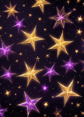 Golden and purple stars glow in the dark sky