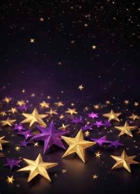 Gold and purple stars scatter across a dark background