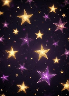 Golden and purple stars shine brightly in the night sky