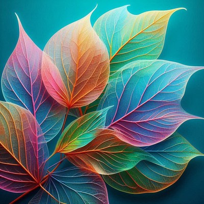 Colorful leaves against a blue background