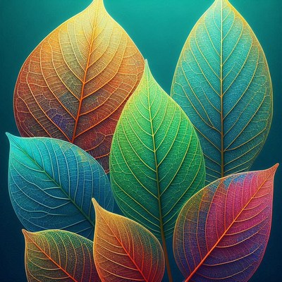 Colorful leaves on a teal background