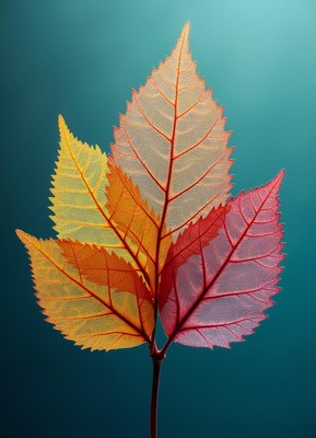 A close-up shot of three leaves against a teal backdrop