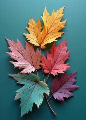Colorful leaves arranged on a teal surface