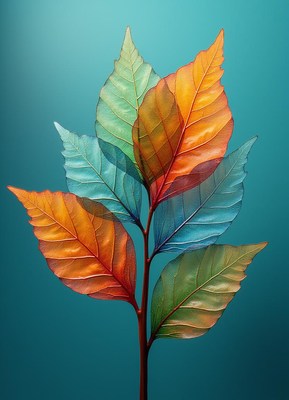 Colorful leaves against a blue background