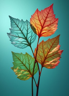Four colorful leaves pop against a teal background