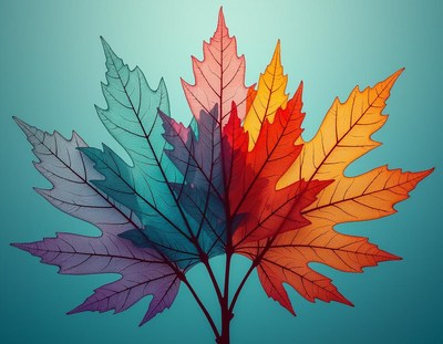 Colorful maple leaves against a blue sky