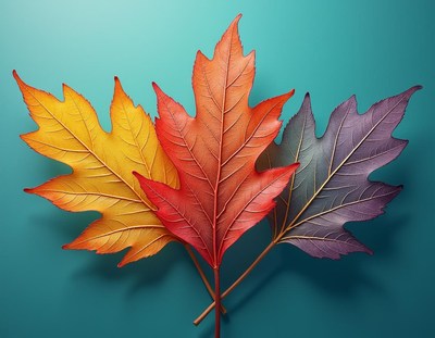 Three colorful leaves on a blue background