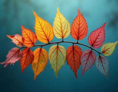 A branch of vibrant autumn leaves against a blue sky