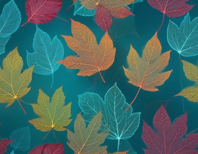 Colorful leaves float on a teal surface