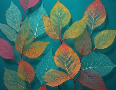 Colorful leaves arranged on a teal background