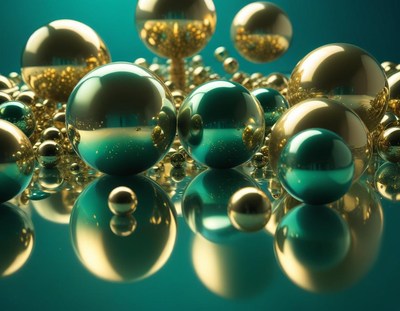 Green and gold spheres reflect on a teal surface
