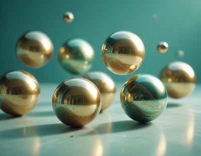 Golden spheres float above a turquoise surface