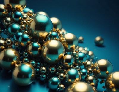 Shiny blue and gold spheres on a blue background