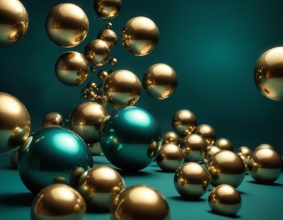 Golden and teal spheres scattered on a green surface
