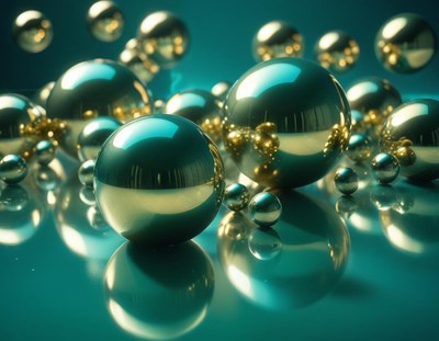 Shiny, silver spheres reflect on a teal surface
