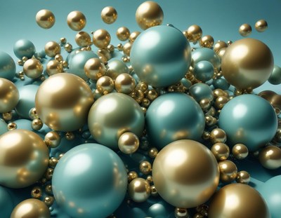 Shiny gold and teal orbs gather in a cluster